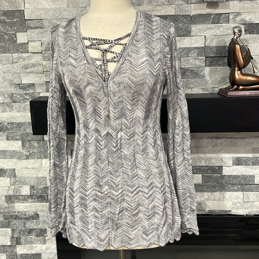White House Black Market Silver Gray Sparkly Lace Up Sweater Top Size S